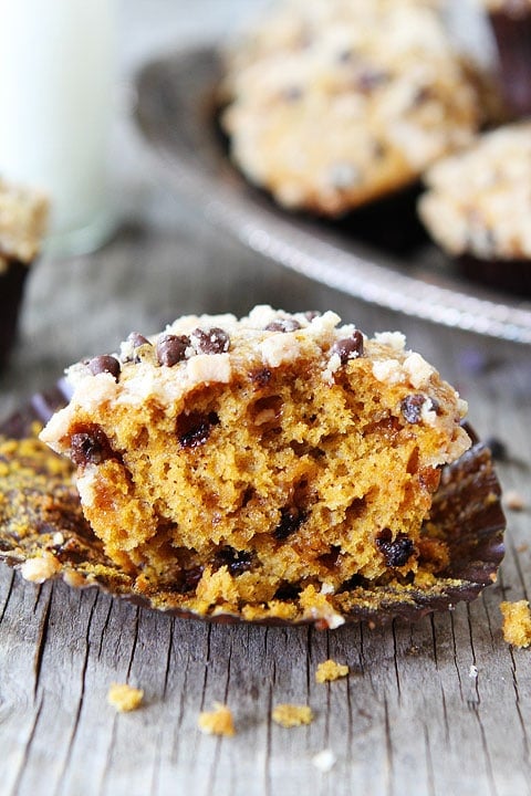 Pumpkin Toffee Chocolate Chip Muffins on twopeasandtheirpod.com The perfect fall muffin!