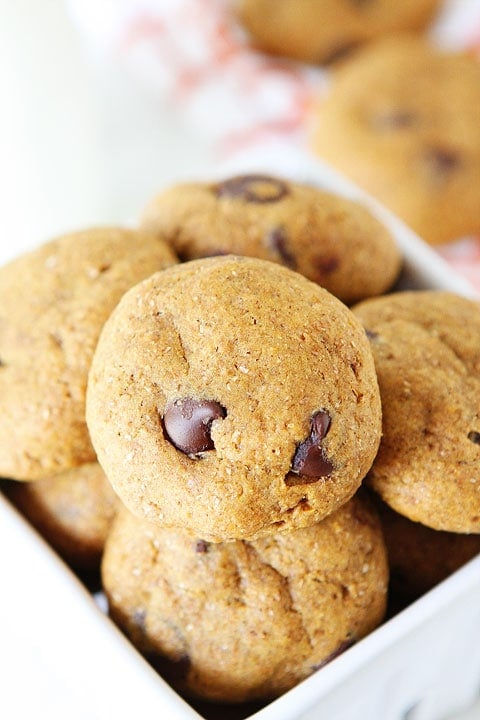 Healthy Pumpkin Chocolate Chip Cookie Recipe on twopeasandtheirpod.com #recipe