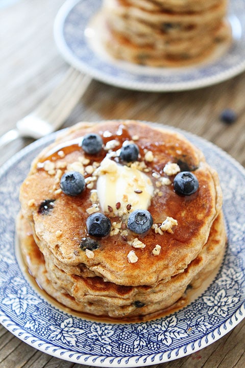 Whole Wheat Blueberry Granola Pancake Recipe from twopeasandtheirpod.com Our family loves these pancakes!