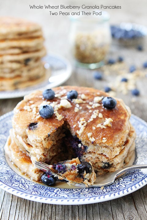 Whole Wheat Blueberry Granola Pancakes on twopeasandtheirpod.com #pancakes #breakfast