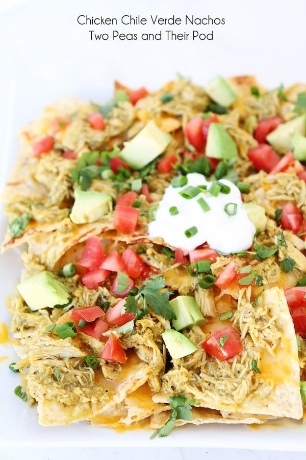 Chicken Chile Verde Nachos Recipe on twopeasandtheirpod.com #recipe #chicken