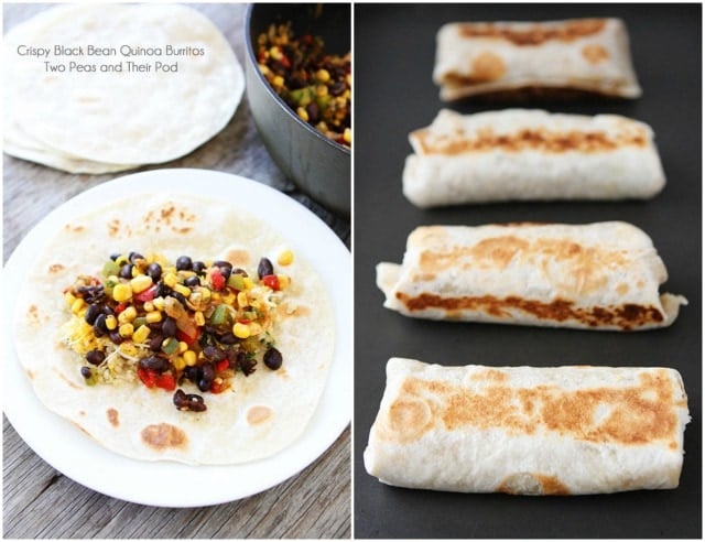 Crispy Black Bean Quinoa Burritos with Avocado Dipping Sauce on twopeasandtheirpod.com 