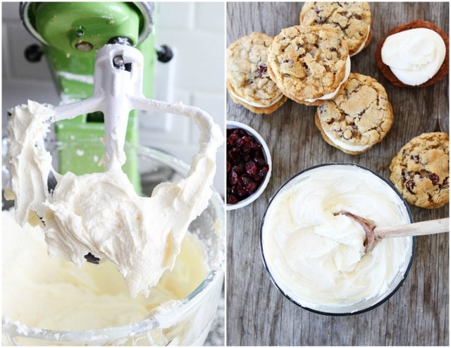 Oatmeal Cranberry Sandwich Cookies with White Chocolate Buttercream on twopeasandtheirpod.com