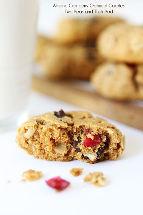Healthy Vegan Almond Cranberry Oatmeal Cookie Recipe on twopeasandtheirpod.com 