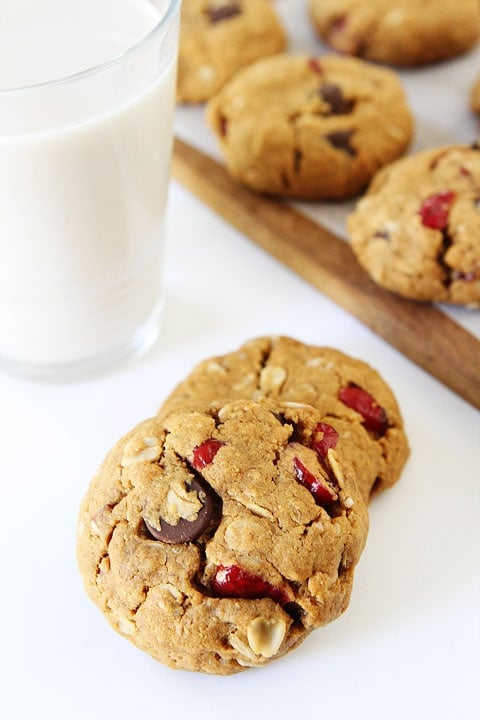 Thick and chewy almond butter cookies with oats, dried cranberries, and chocolate!