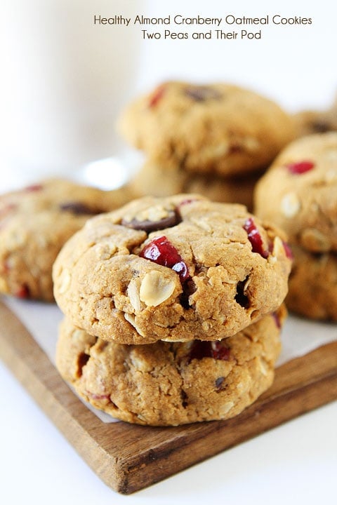 Healthy Almond Cranberry Oatmeal Cookies Recipe on twopeasandtheirpod.com