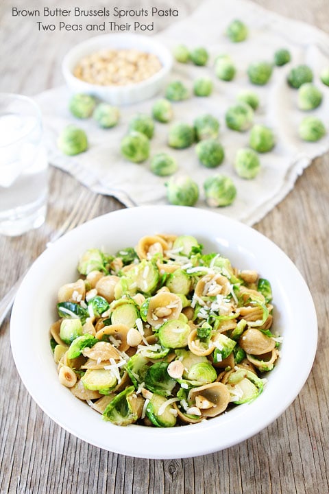 Brown Butter Brussels Sprouts Pasta with Hazelnuts Recipe on twopeasandtheirpod.com This pasta dish is SO good!