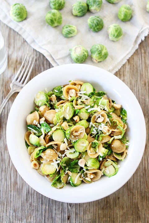 Brown Butter Brussels Sprouts Pasta with Hazelnuts Recipe on twopeasandtheirpod.com My new favorite pasta dish!