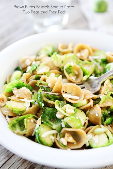 Brown Butter Brussels Sprouts Pasta with Hazelnuts Recipe on twopeasandtheirpod.com Seriously the best pasta dish ever!