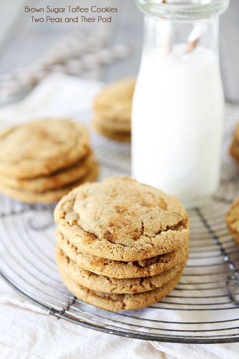 Brown Sugar Toffee Cookies Recipe on twopeasandtheirpod.com Soft and chewy brown sugar cookies with toffee bits!