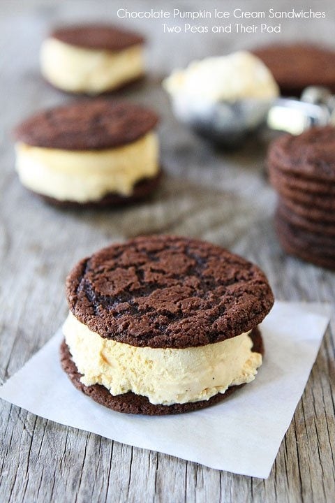 Chocolate Pumpkin Ice Cream Sandwiches on twopeasandtheirpod.com A fun Halloween or anytime dessert!