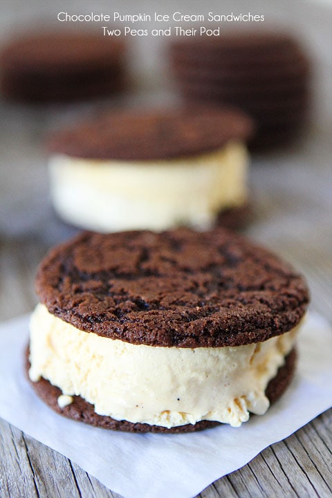 Chocolate Pumpkin Ice Cream Sandwiches on twopeasandtheirpod.com #recipe