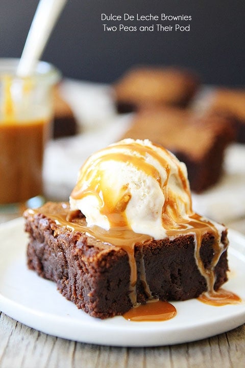 Dulce De Leche Brownie Recipe on twopeasandtheirpod.com Top with ice cream and dulce de leche for a divine dessert!