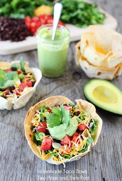 Taco Salad with Homemade Tortilla Bowls on twopeasandtheirpod.com One of our go to meals! 