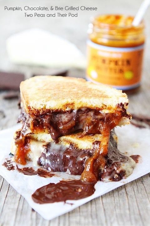 Pumpkin, Chocolate, and Brie Grilled Cheese Sandwich Recipe on twopeasandtheirpod.com This decadent grilled cheese is AMAZING!