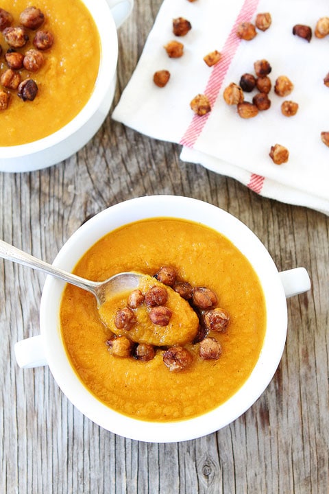 Spoonful of Vegan Butternut Squash Soup and Roasted Chickpea garnish