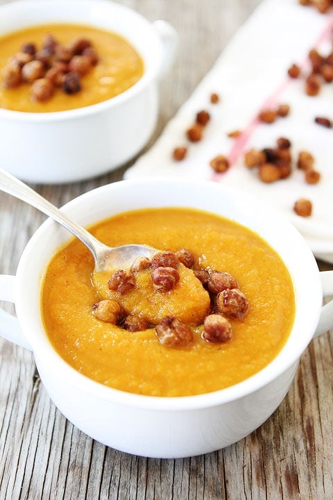 Slow Cooker Butternut Squash with Maple Roasted Chickpeas on twopeasandtheirpod.com The perfect soup recipe for fall!