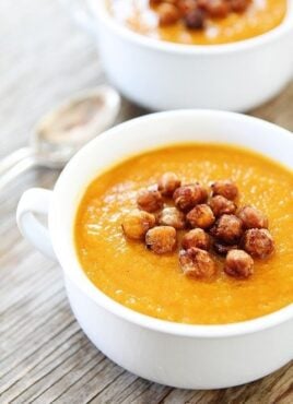 Crockpot Butternut Squash Soup Recipe with maple roasted chickpeas
