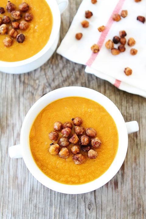Crockpot Butternut Squash Soup Recipe on twopeasandtheirpod.com Love this easy and healthy soup! Healthy Butternut Squash Soup with Roasted Chickpeas.
