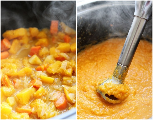 Crockpot Butternut Squash Soup Cooking in Slow Cooker and Blended