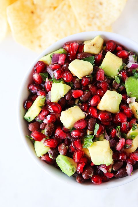 Black Bean, Pomegranate, and Avocado Salsa Recipe on twopeasandtheirpod.com Perfect appetizer for holiday parties!