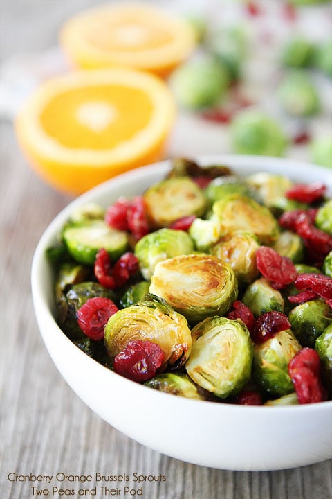 Cranberry Orange Roasted Brussels Sprouts Recipe on twopeasandtheirpod.com A great side dish to any meal!
