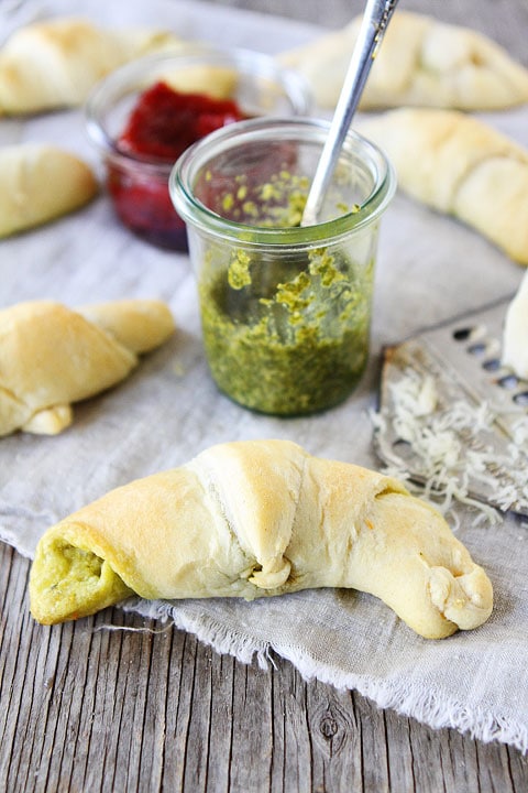Pesto, Roasted Red Pepper, and Cheese Crescent Rolls on twopeasandtheirpod.com Perfect for the holidays! 