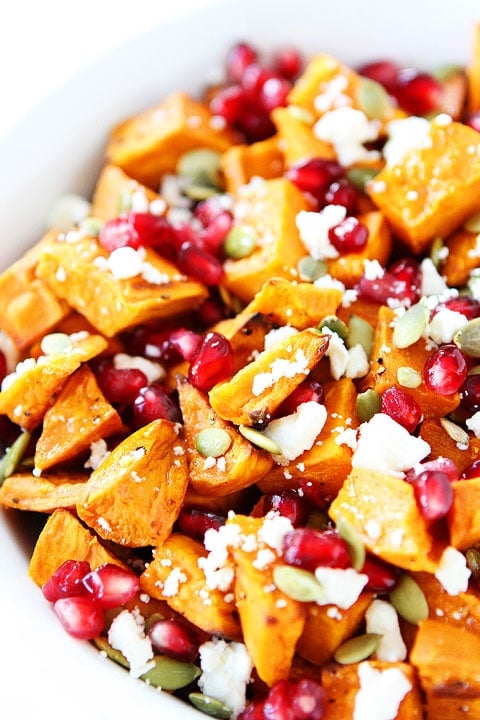 Sweet Potato Pomegranate Salad Recipe on twopeasandtheripod.com. This healthy and beautiful salad is the perfect holiday side dish!