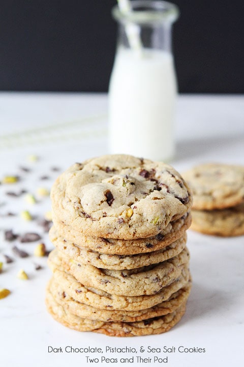 Stack of Dark Chocolate Chunk, Pistachio, and Sea Salt Cookies