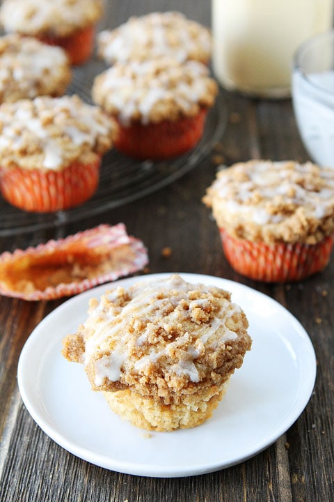 Eggnog Coffee Cake Muffins Recipe on twopeasandtheirpod.com Love these holiday muffins!