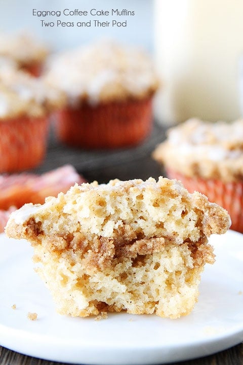 Eggnog Coffee Cake Muffins Recipe on twopeasandtheirpod.com Love everything about these muffins!