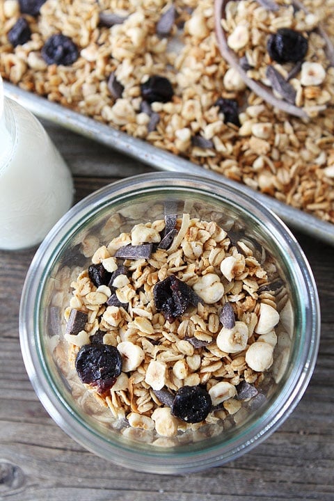 Hazelnut Granola with Dried Cherries and Dark Chocolate Chunks Recipe on twopeasandtheirpod.com 