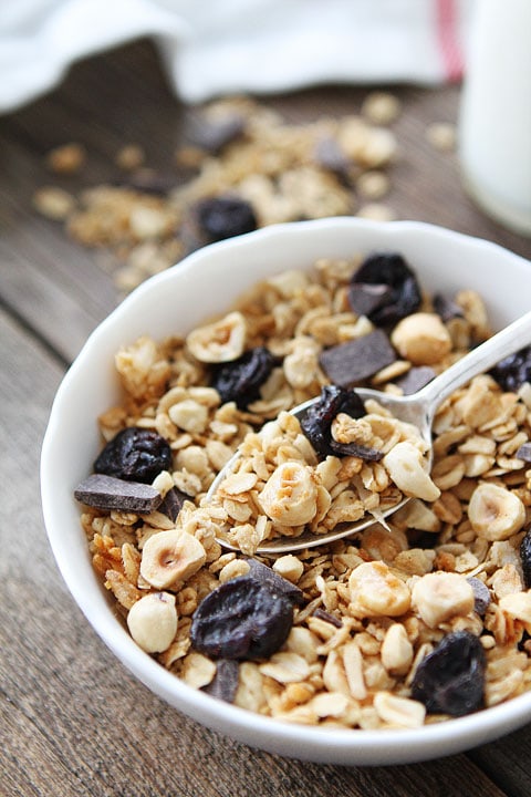 Hazelnut Granola with Dried Cherries and Dark Chocolate Recipe on twopeasandtheirpod.com 