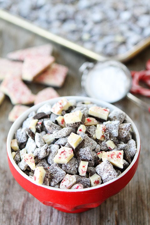 Peppermint Bark Chex Mix Recipe on twopeasandtheirpod.com An easy and festive treat for the holidays!