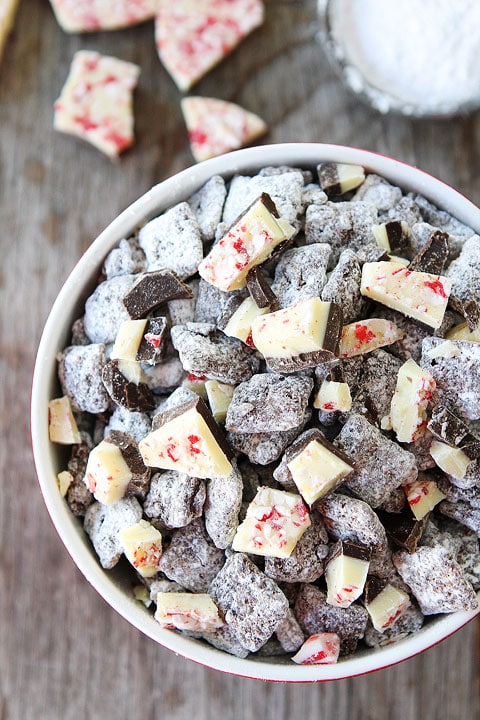 Peppermint Bark Chex Mix Recipe on twopeasandtheirpod.com Fun to make and fun to eat!