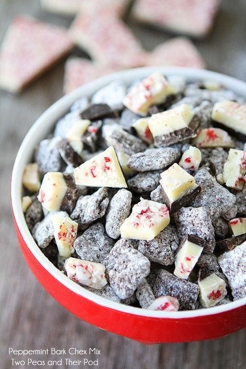 Peppermint Bark Chex Mix Recipe on twopeasandtheirpod.com Easy to make and perfect for gift giving! 