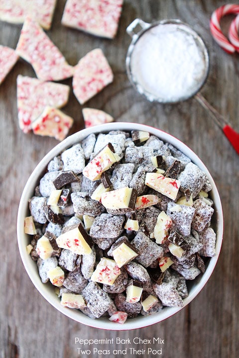 Peppermint Bark Chex Mix Recipe on twopeasandtheirpod.com Love this easy holiday treat!