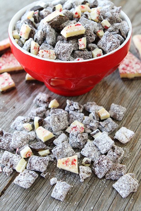 Peppermint Bark Chex Mix Recipe on twopeasandtheirpod.com Perfect treat for holiday movies and parties!