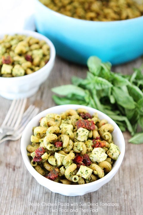 Pesto Chicken Pasta with Sun-Dried Tomatoes Recipe on twopeasandtheirpod.com One of our favorite pasta dishes!