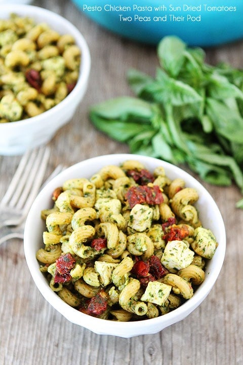 Pesto Chicken Pasta with Sun-Dried Tomatoes Recipe on twopeasandtheirpod.com Love this simple and tasty pasta dish! 