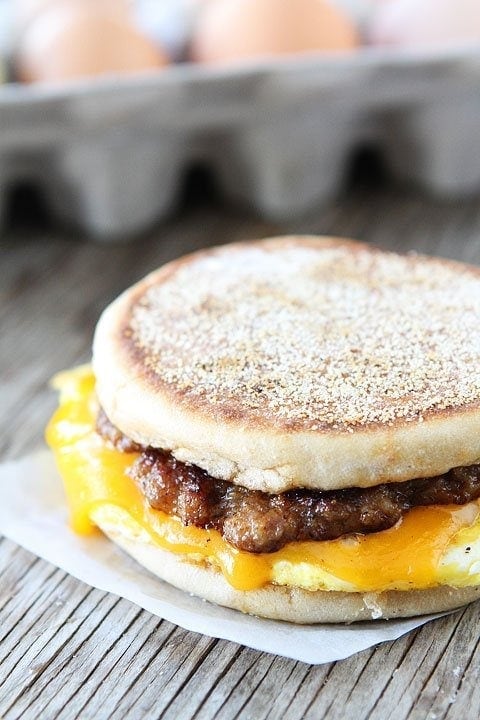  Sausage, Egg, and Cheese Breakfast Sandwich with Maple Butter Recipe on twopeasandtheirpod.com Love this easy breakfast sandwich!