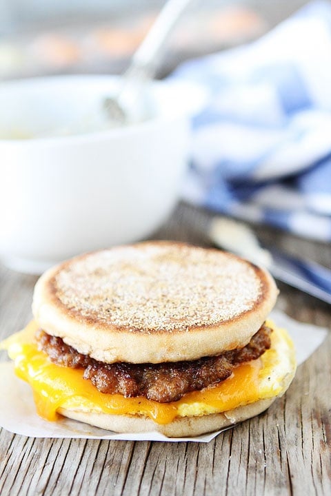  Sausage, Egg, and Cheese Breakfast Sandwich with Maple Butter Recipe on twopeasandtheirpod.com The maple butter makes this sandwich extra special!