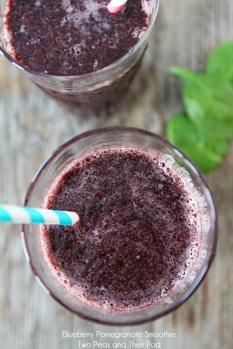 Blueberry Pomegranate Smoothie Recipe on twopeasandtheirpod.com. Only 5 ingredients in this healthy smoothie!