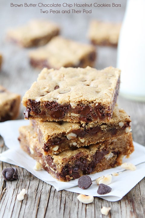 Brown Butter Chocolate Chip Hazelnut Cookie Bar Recipe on twopeasandtheirpod.com These bars are AMAZING!