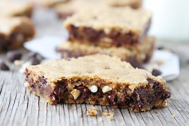 Brown Butter Chocolate Chip Hazelnut Cookie Bar Recipe on twopeasandtheirpod.com #recipe