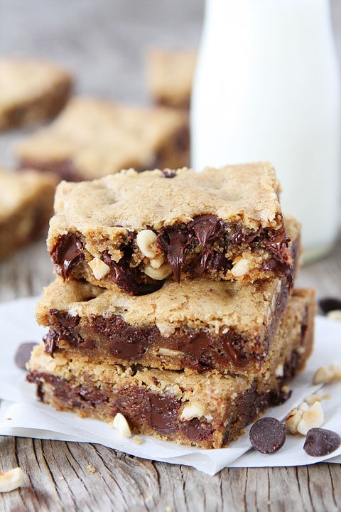 Brown Butter Chocolate Chip Hazelnut Cookie Bar Recipe on twopeasandtheirpod.com 