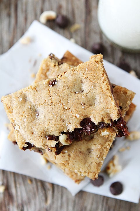 Brown Butter Chocolate Chip Hazelnut Cookie Bar Recipe on twopeasandtheirpod.com A MUST make!