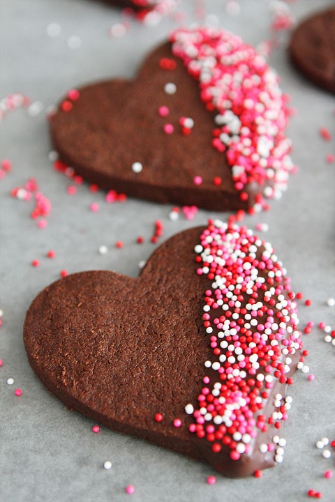 Chocolate Shortbread Heart Cookies on twopeasandtheirpod.com Surprise your Valentine with these divine cookies!