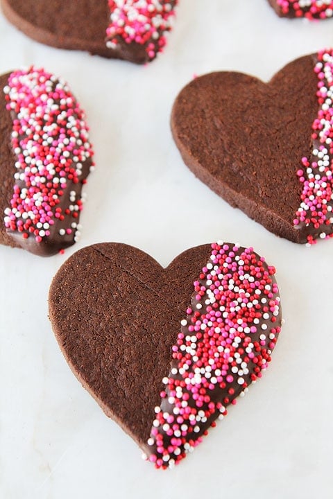 Chocolate Shortbread Heart Cookies on twopeasandtheirpod.com The perfect treat for Valentine's Day!