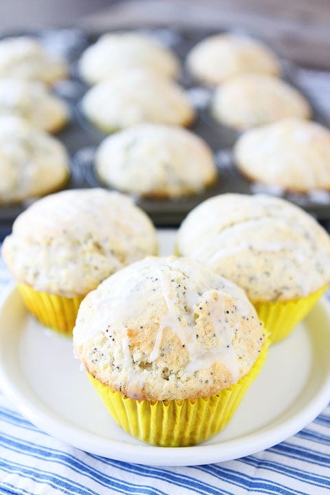 plate of three lemon poppy seed muffins